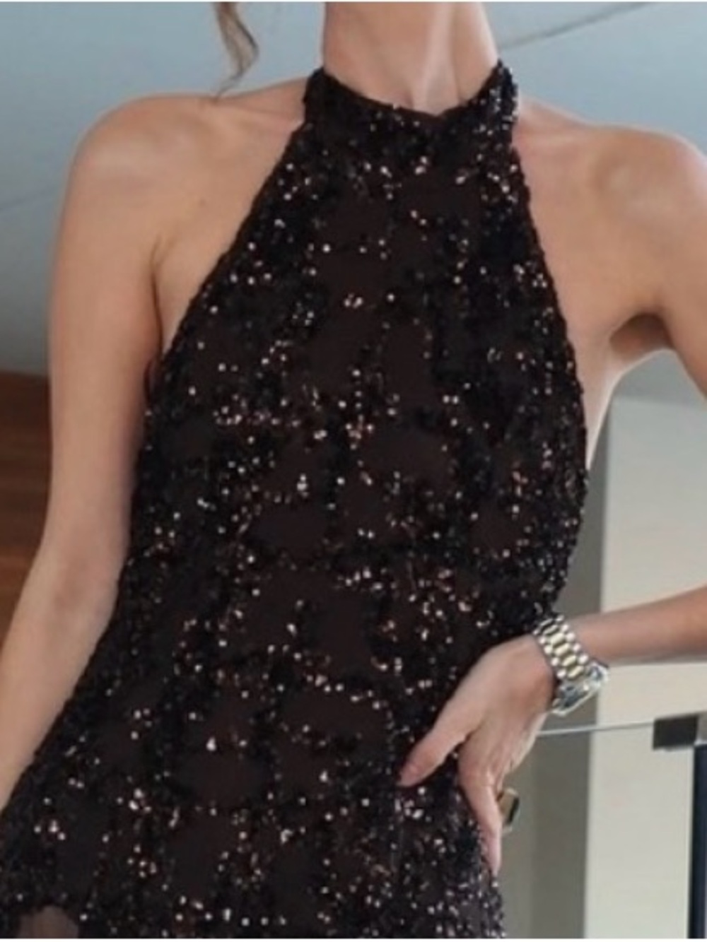 Zara Black Beaded Halter Backless Evening Dress